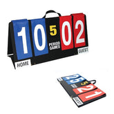 A soccer scoreboard with a number pad and a bag positioned next to it.